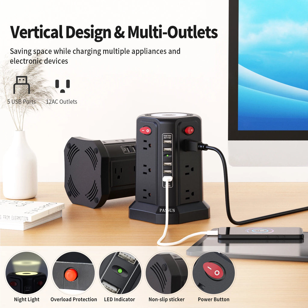 Power strip with multiple outlets and USB ports on a desk, featuring text about vertical design and multi-outlets.