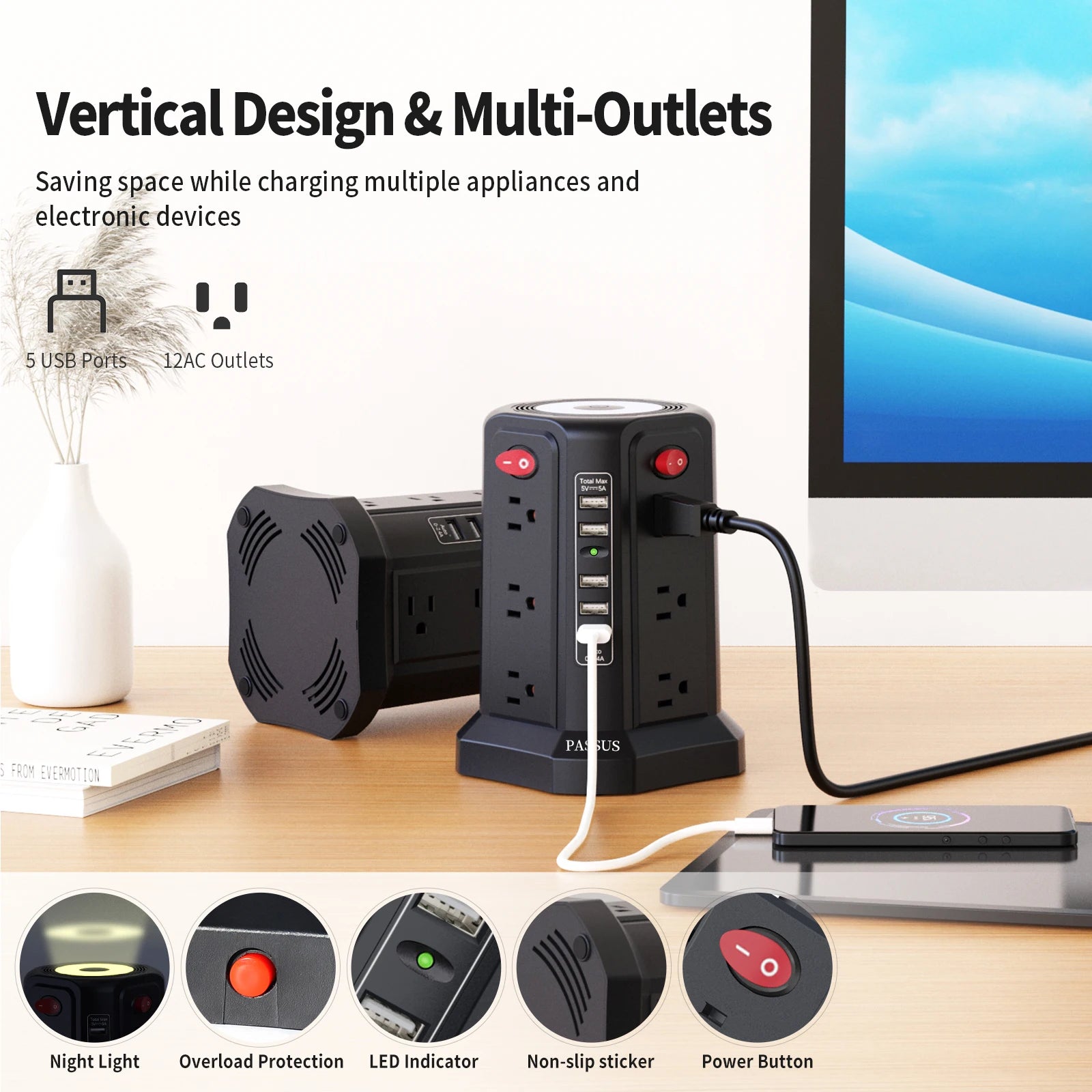 Power strip with multiple outlets and USB ports on a desk, featuring text about vertical design and multi-outlets.