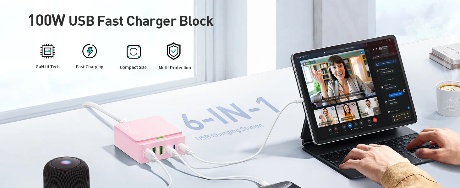1-USB C Charging Station: 100W 6-Port GaN Fast Charging Hub - PD 3.0 Type C and USB A Charging Case - Wall Charger Power Adapter