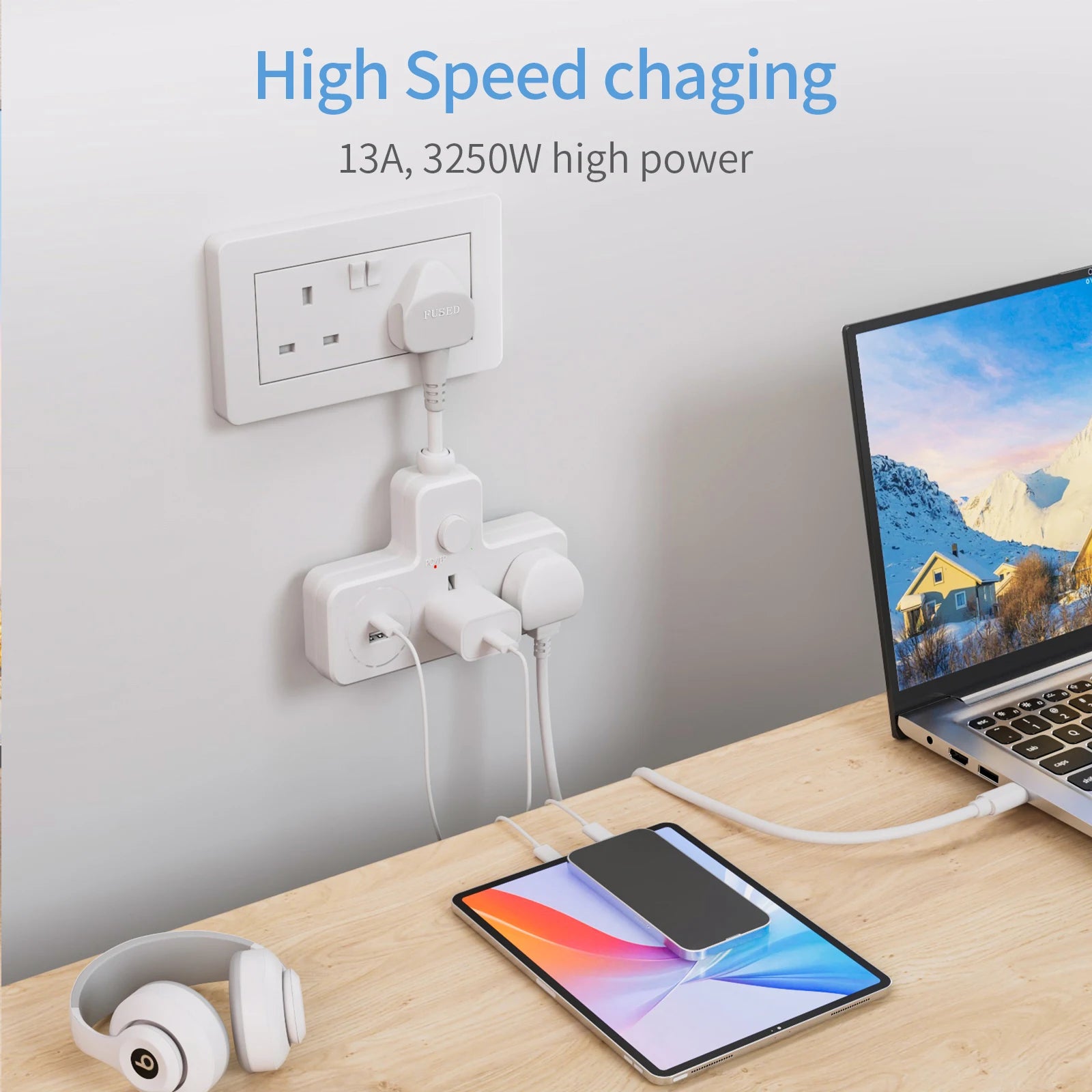 Laptop, phone, and tablet charging from a power strip with 'High Speed Charging' text.