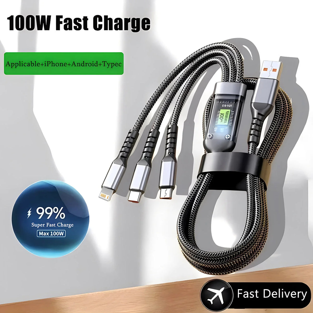 3-in-1 Braided Fast Charging Cable – USB-A to Type-C, Lightning & Micro USB (6A)