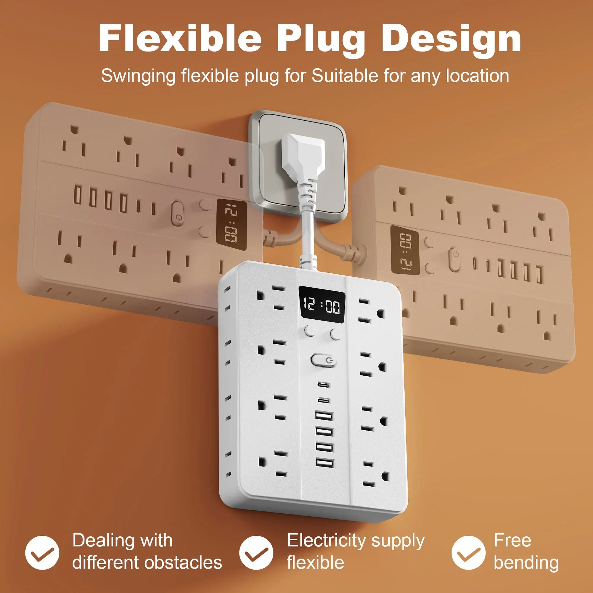 23-in-1 power strip plug line multi-directional placement, multi-hole socket with clock, 16 standard sockets, 6 USB ports,