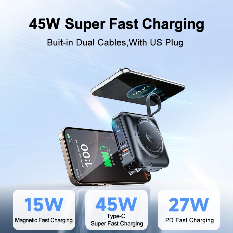 15000mAh Magnetic Wireless Apple Watch Power Bank Type-C 45W Fast Charging With Dual Cables AC Plug for iPhone Android Airpods