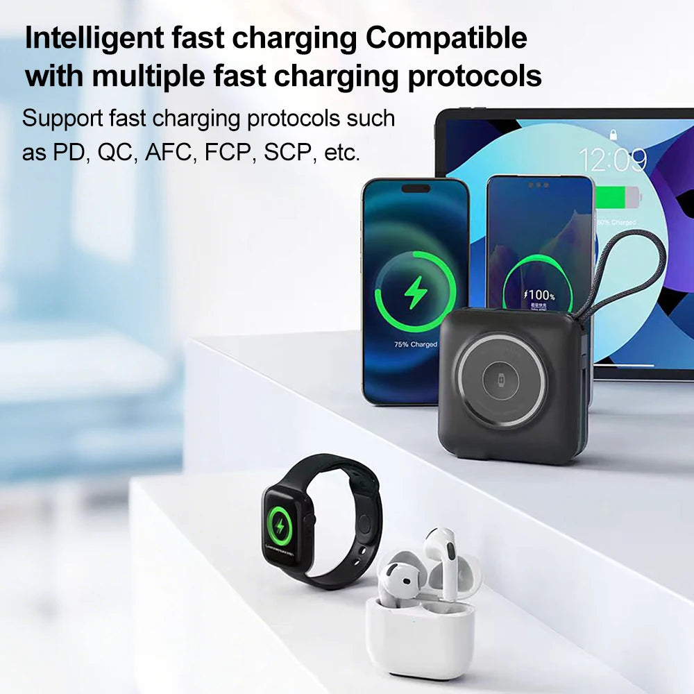 15000mAh Magnetic Wireless Apple Watch Power Bank Type-C 45W Fast Charging With Dual Cables AC Plug for iPhone Android Airpods