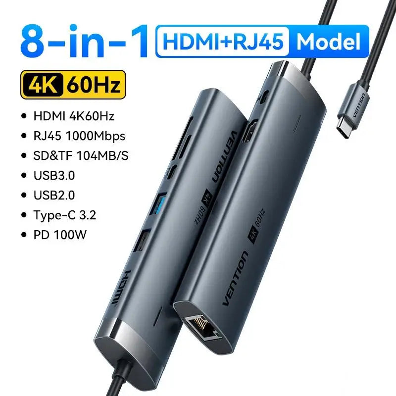 Vention 4K60Hz USB C HUB HDMI Adapter Type C to RJ45 Ethernet USB3.0 PD100W SD&TF for Laptop MacBook Pro Docking Station USB HUB