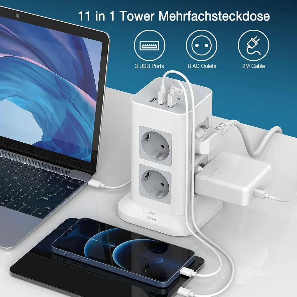 1-TESSAN Tower Power Strip Multi Outlets with USB A +1 Type C 2M Extension Cable EU Plug Vertical Electric Socket Surge Protection