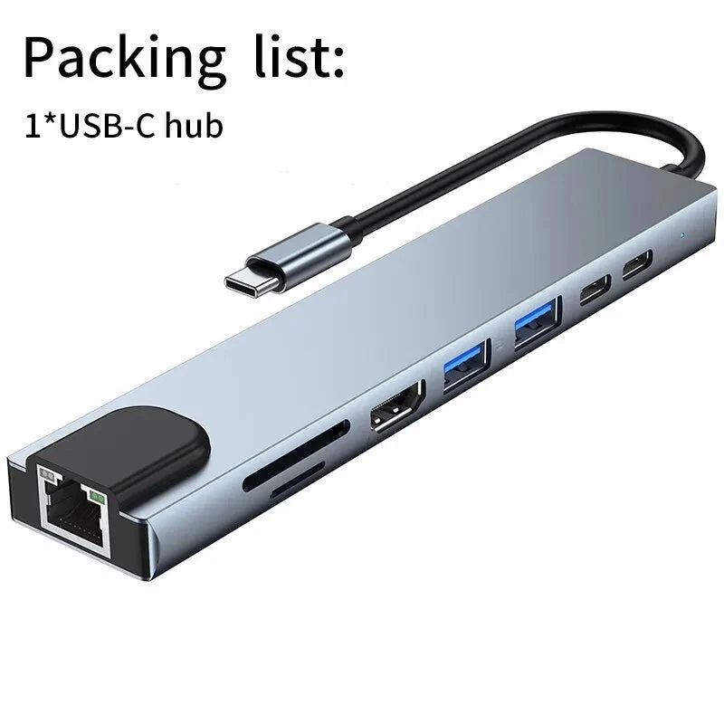 4-8 in 1 USB C Hub Type C to 4K HDTV Adapter with RJ45 SD/TF Card Reader Fast Charger for MacBook Notebook Windows Laptop Computer