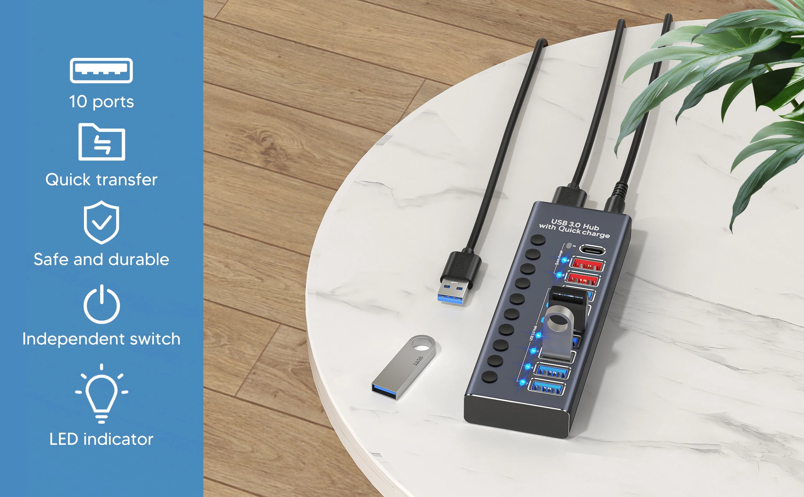 4-AIXXCO 10 Ports USB3.0 Splitter Computer Extender USB HUB 2.4A Fast Charging PD Port External 12V Power Supply