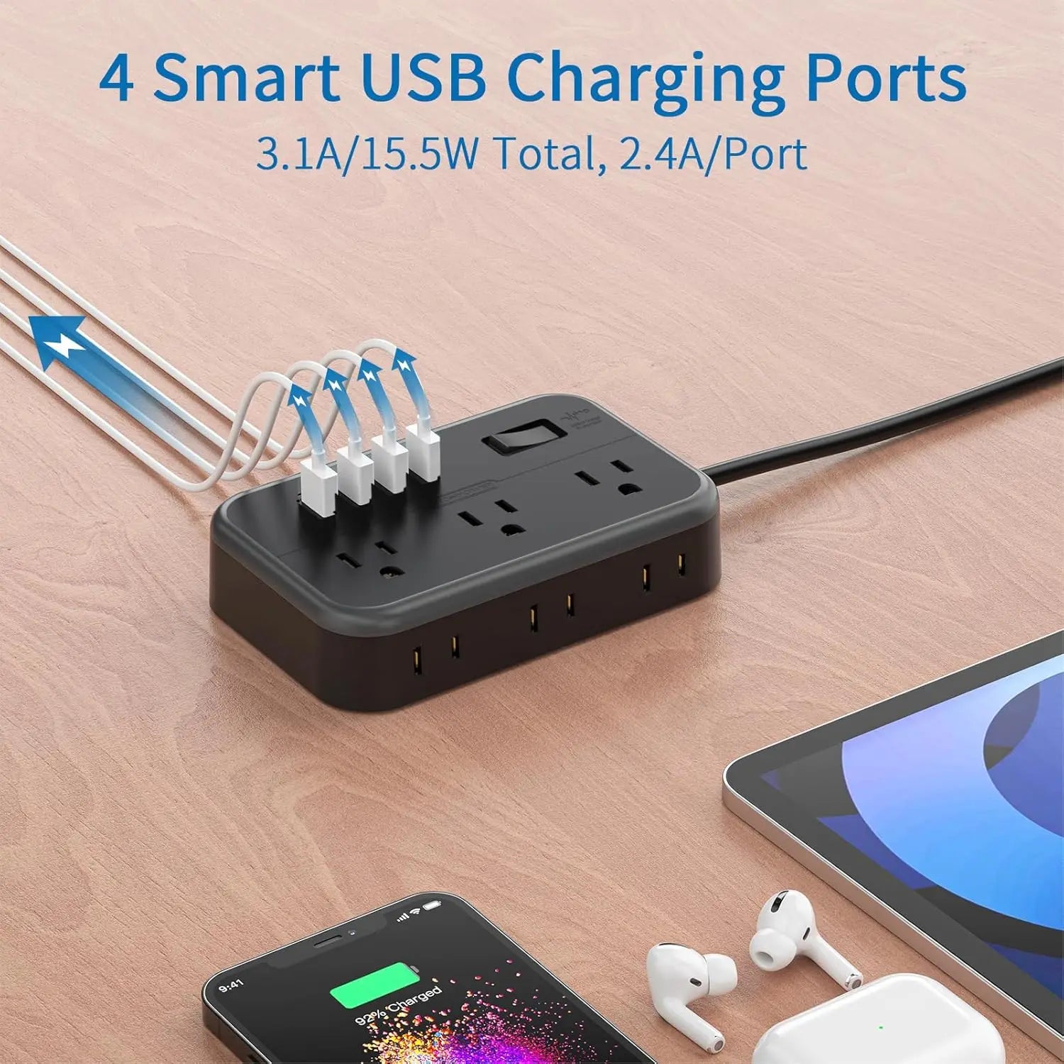 6-Outlet Power Strip with 4 USB Ports 15.5W Fast Charge & 15FT Extension Cord Surge Protector & Network Filter US Plug 100-240V