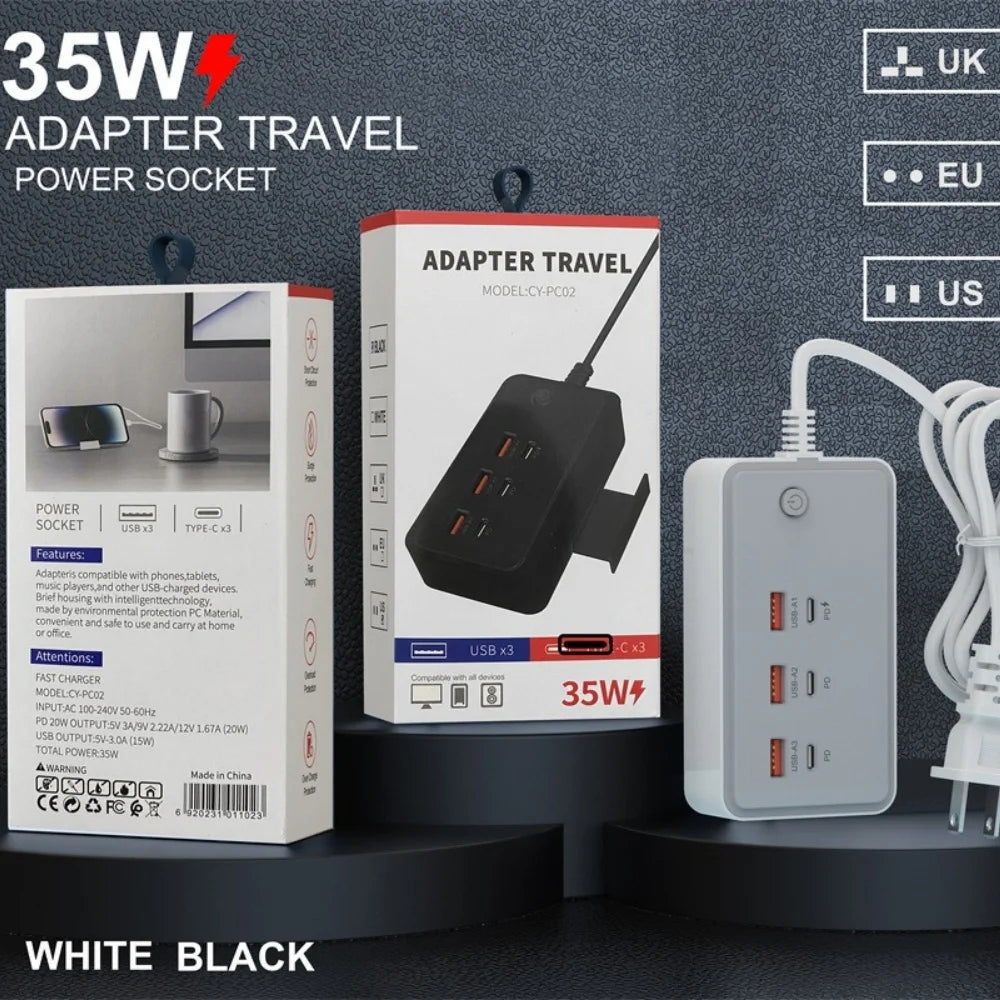 35W Multifunction USB Type C Quick Charge Power Socket with Telescopic Holder 3USB3PD Fast Charging Power Strip For Phone Tablet