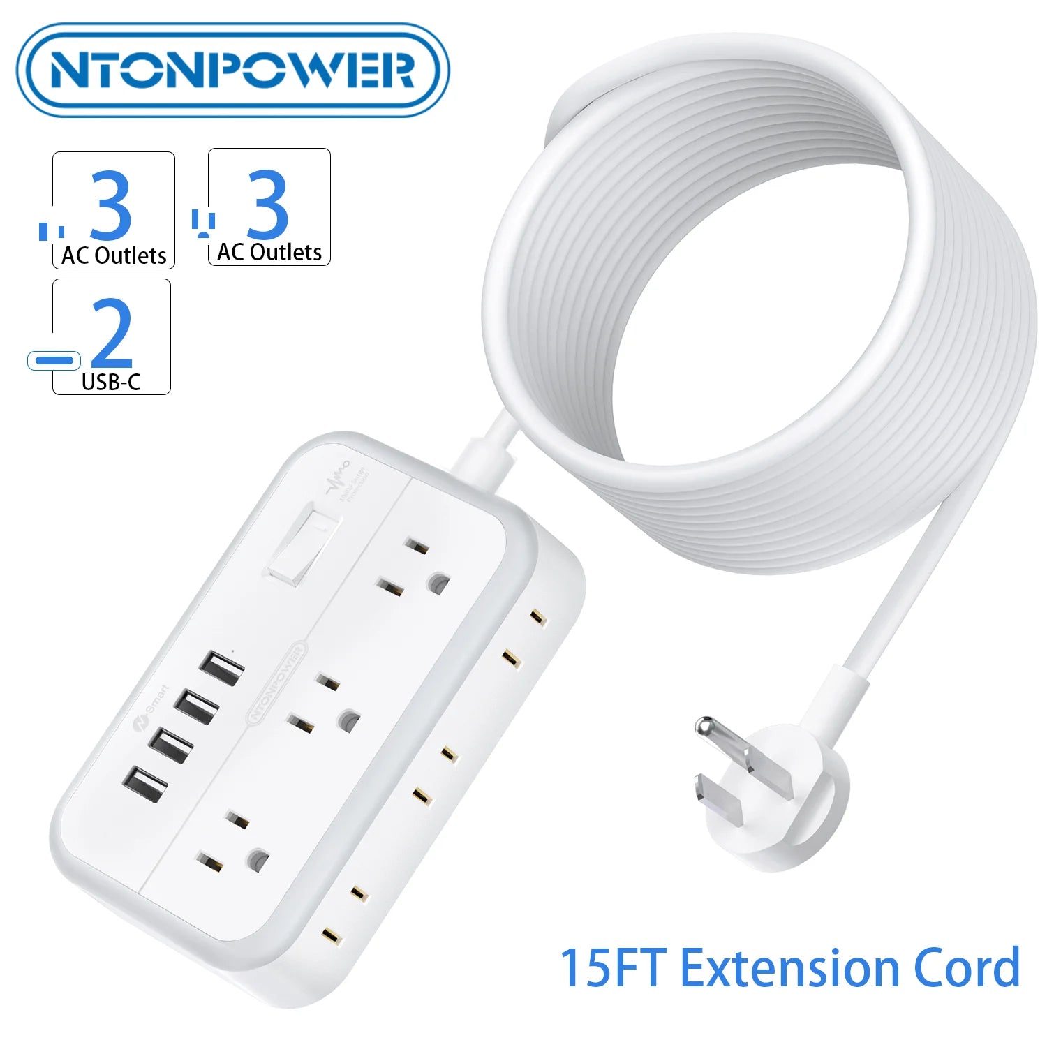 6-Outlet Power Strip with 4 USB Ports 15.5W Fast Charge & 15FT Extension Cord Surge Protector & Network Filter US Plug 100-240V