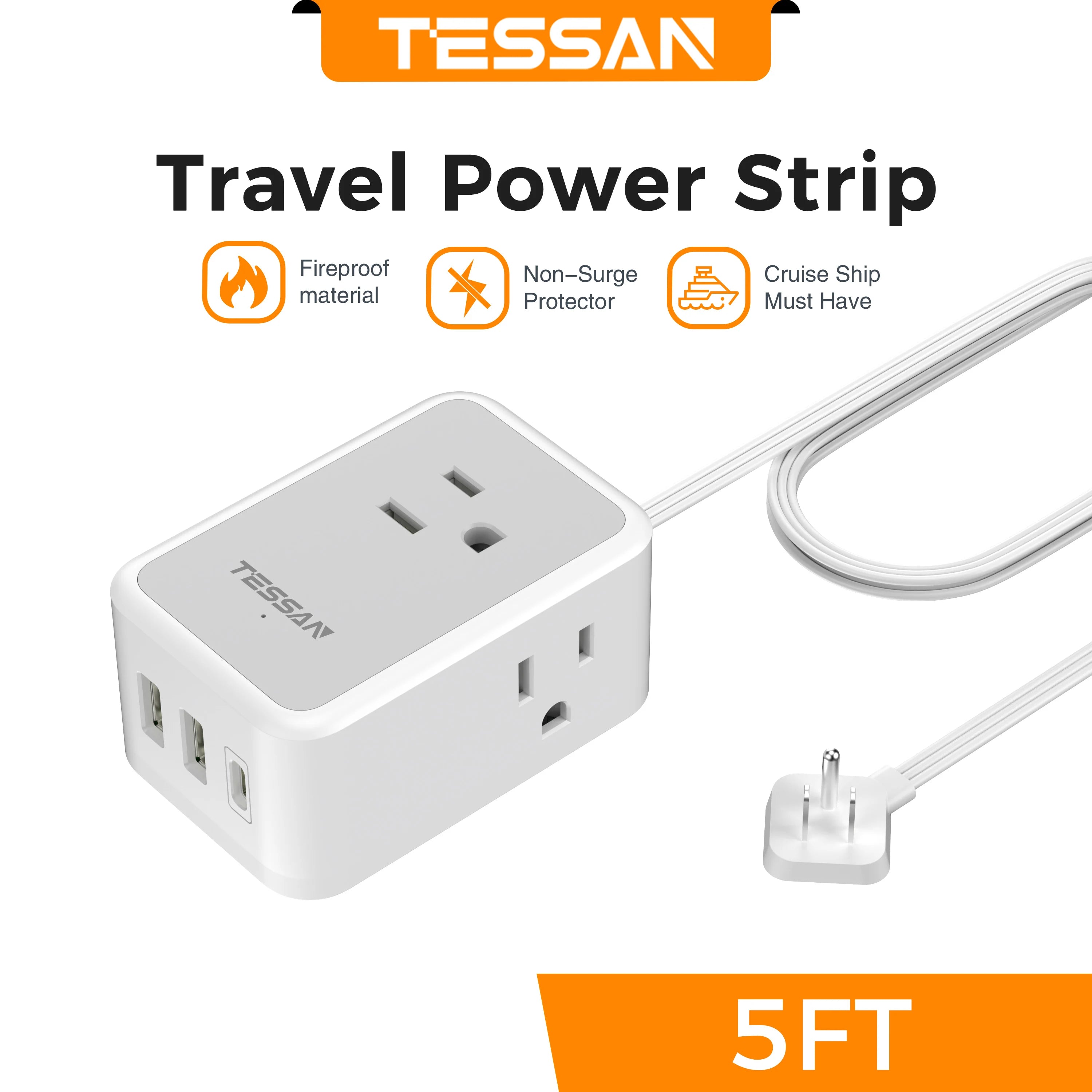 1-TESSAN Ultra Thin Extension Cord Power Strip with 3 USB 3 AC Adapter Mini Charging Station for Cruise Travel Office School Home