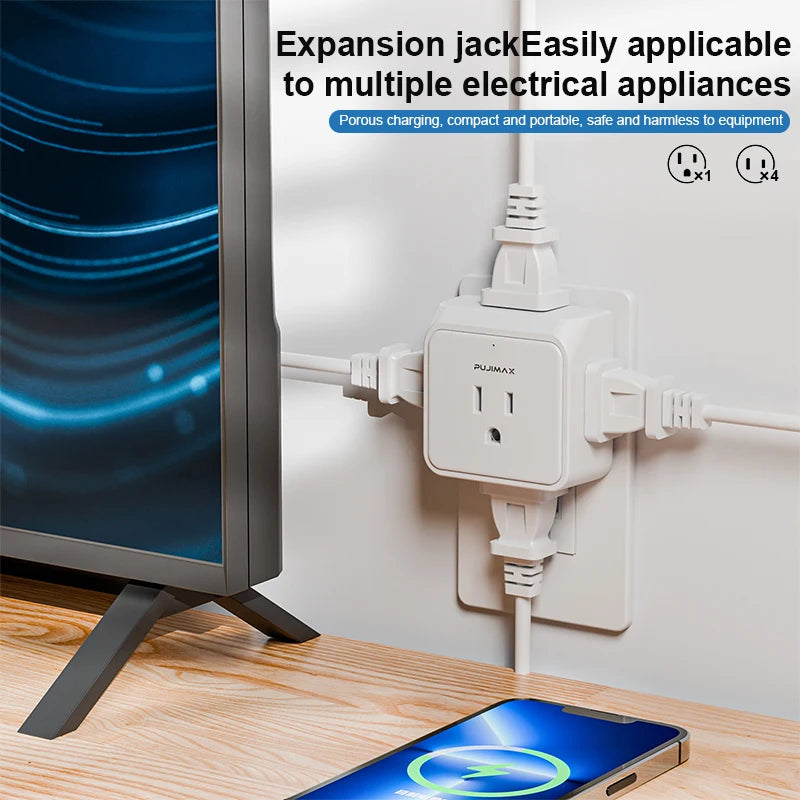 Power extension jack with multiple outlets connected to a TV and phone on a wooden surface.