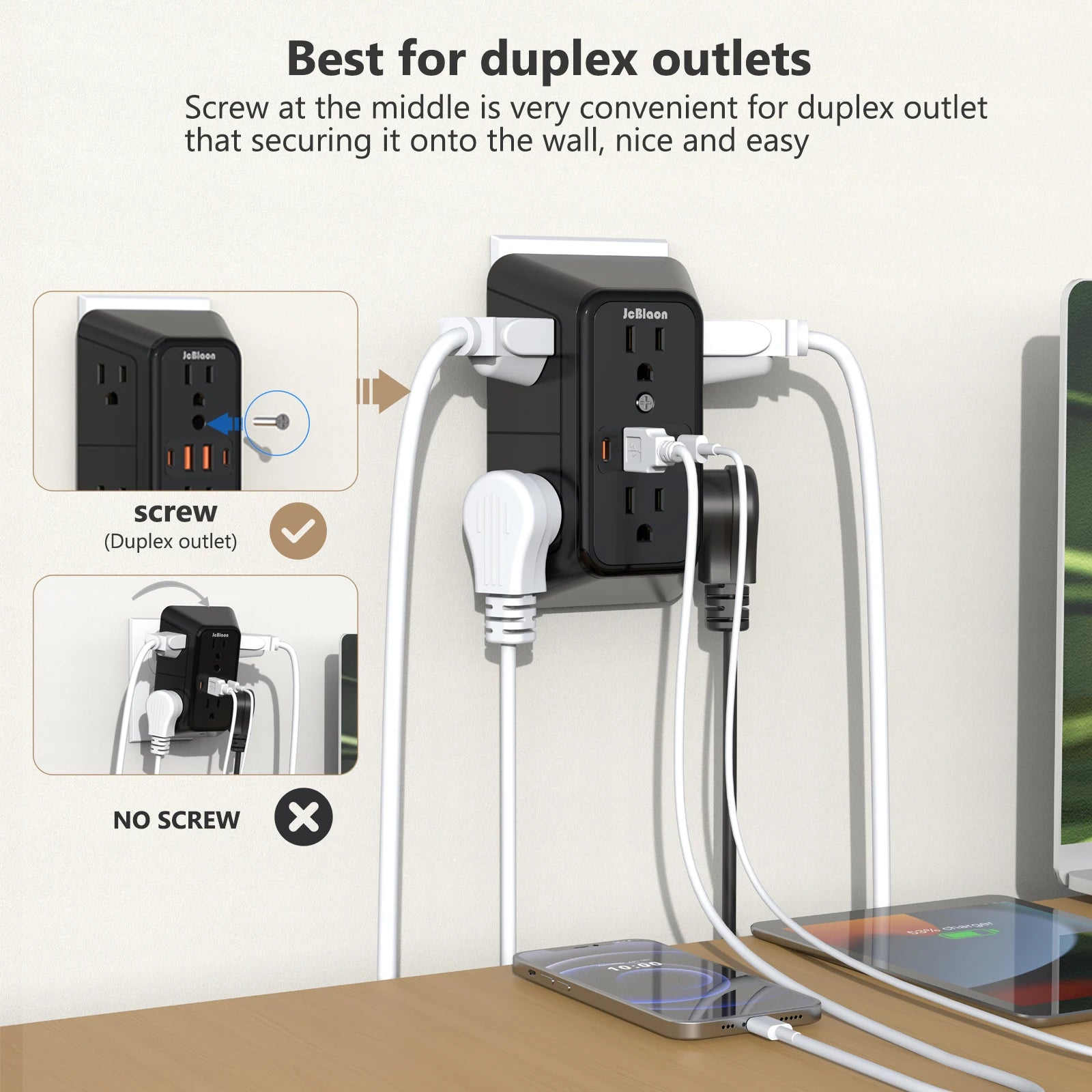 JcBlaon 6‑Outlet Wall Power Strip with USB-A & USB-C | UL Certified