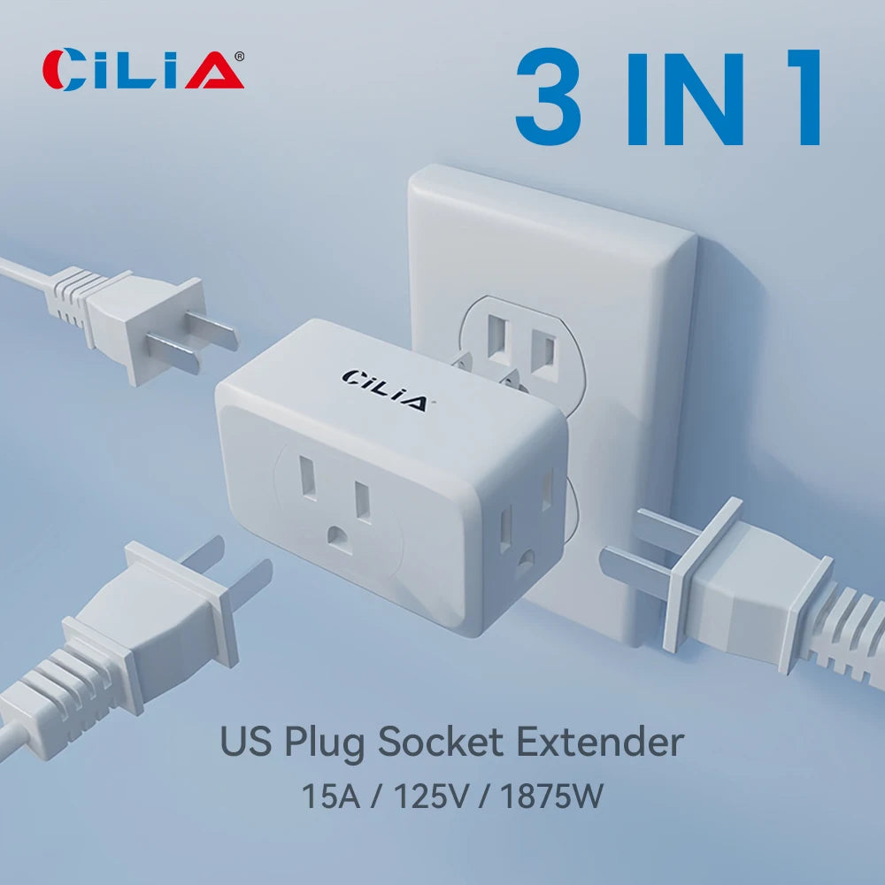 1-CILIA 3-Outlet US Plug Extender – Compact Wall Adapter for Travel, Home & Office