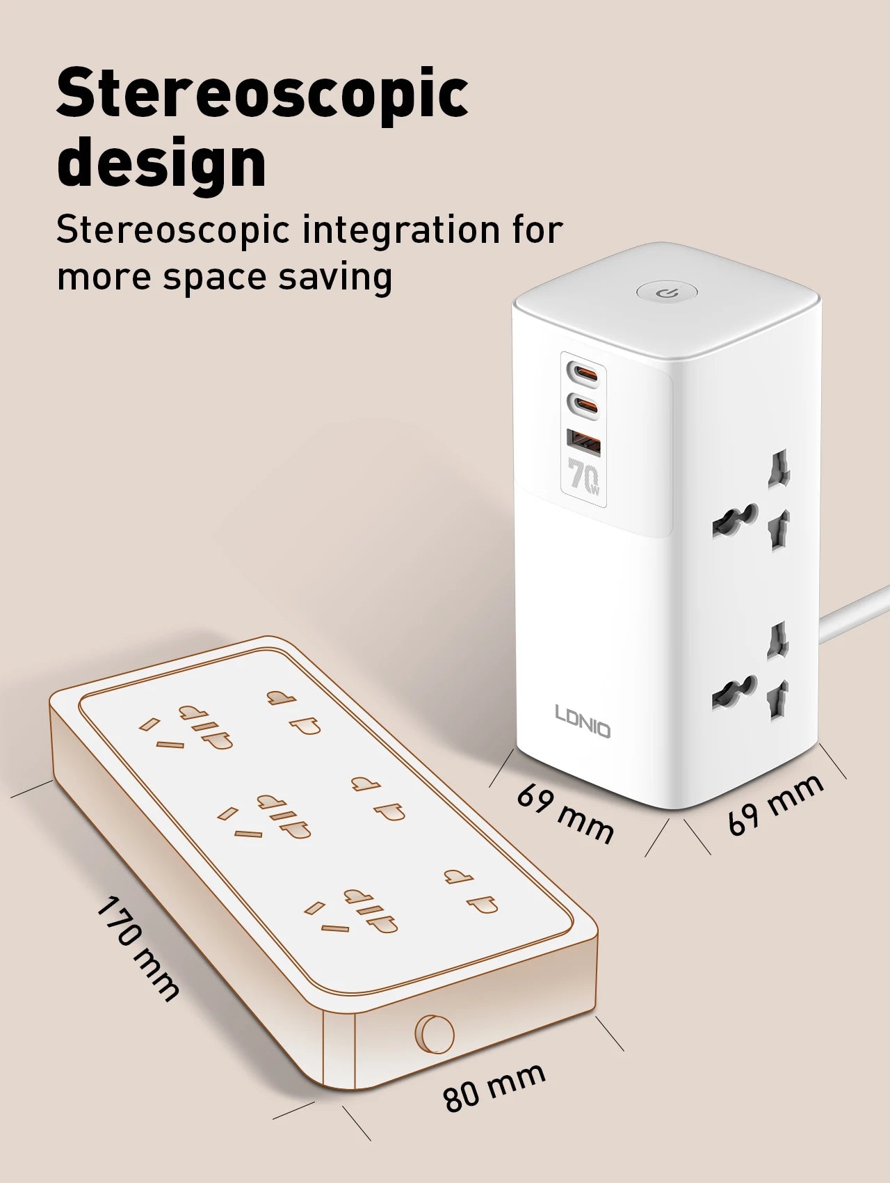 1-Tower 4 Way Outlets Socket 70W USB Multi Power Strip Vertical 2m Extension Power Cord UK EU US AU Plug with Overload Protector