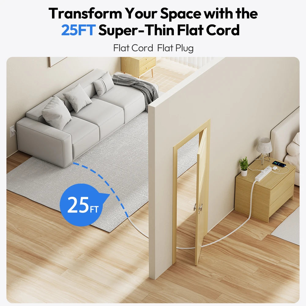 6 AC Outlet Power Strip with 3 USB Ports (1 USB-C) & 25FT Extension Power Cord Surge Protector & Network Filter US Plug