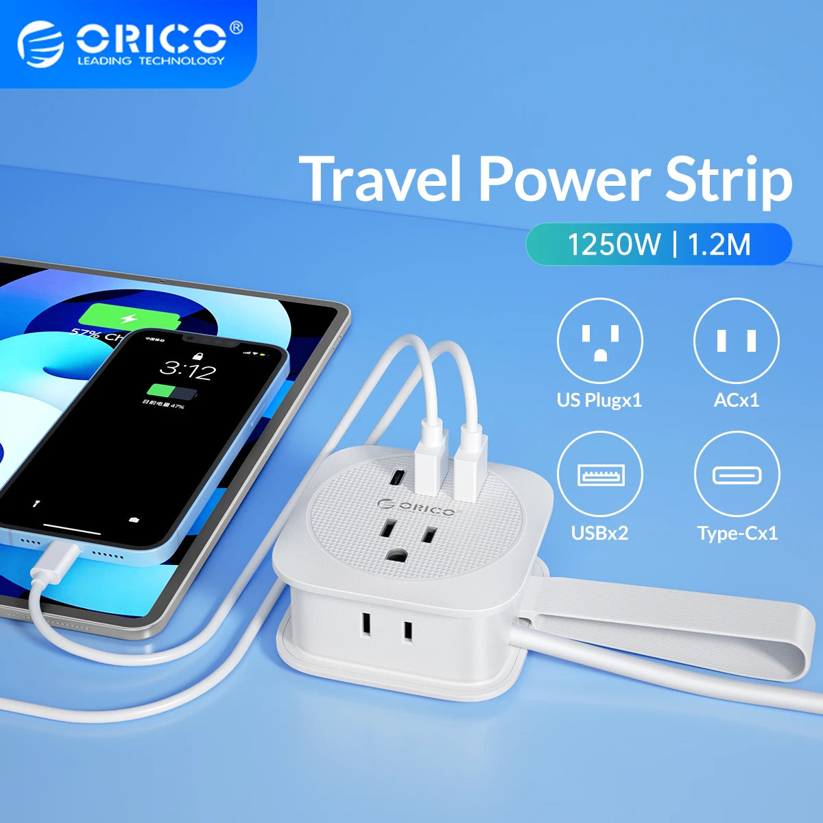 1-ORICO Power Strip 2AC multi USB Portable Socket Strip US plug Travel Extension Cord for fast charging with Type-C USB ports