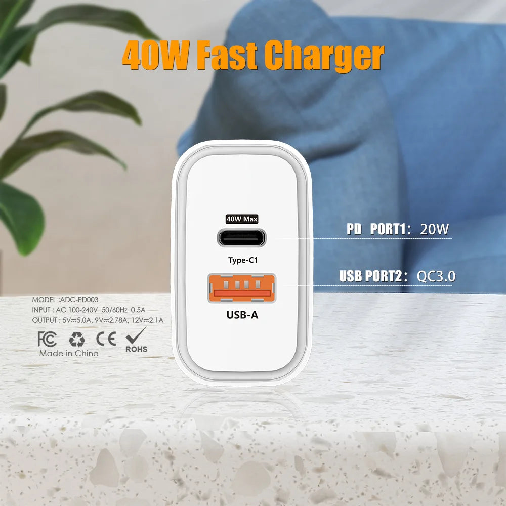 4-Total 40W 1 USB Charger 1 Type C PD Fast Charge For iPhone 12 13 Max Samsung S21 Huawei Xiaomi Mobile Phone EU/US/UK Plug Wall C