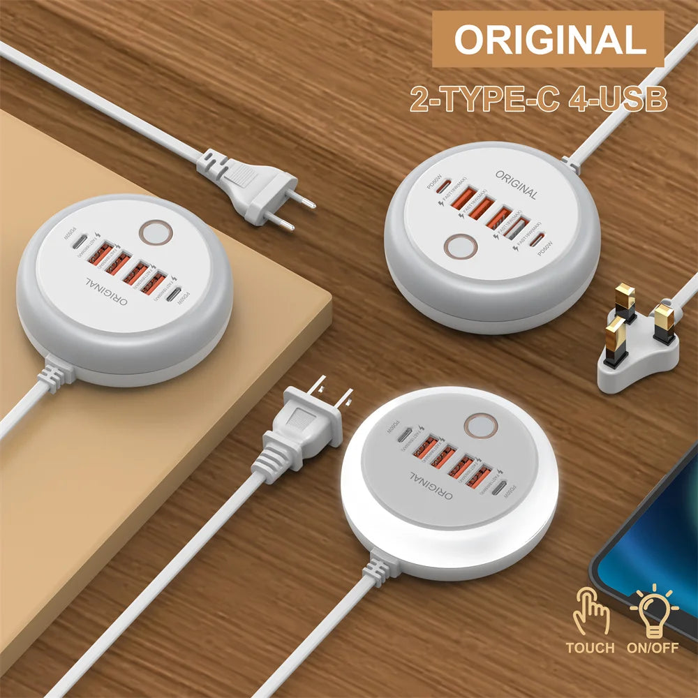 1-PD 50W Charger USB Type C 6 Ports QC3.0 Mobile Phone Wall Adapter With Touch LED Light For iPhone Samsung Xiaomi Travel Charger