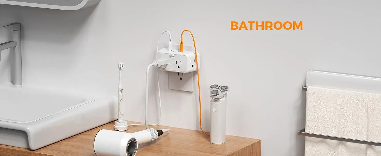 Bathroom setting with cleaning equipment on a wooden surface, featuring the word 'Bathroom' at the top.