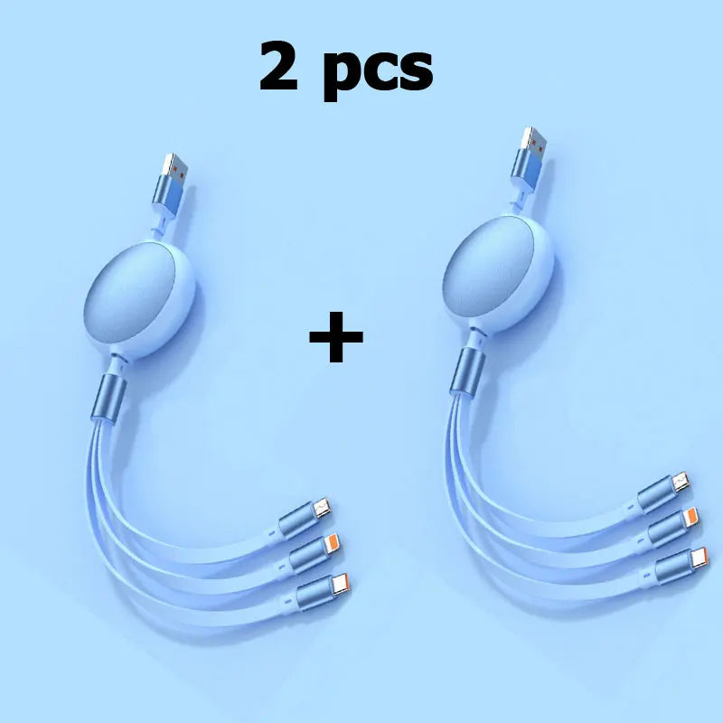 1-3-in-1 Retractable 100W 6A Fast Charging USB To Type-C Micro Fast Charger Cable For iPhone Samsung Xiaomi Huawei 1.2M Cables