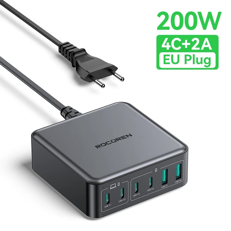 1-Rocoren 200W GaN Charger 6-ports Desktop Fast Charging USB Type C Charger Portable Power Station For iPhone 16 Pro Max Xiaomi 14