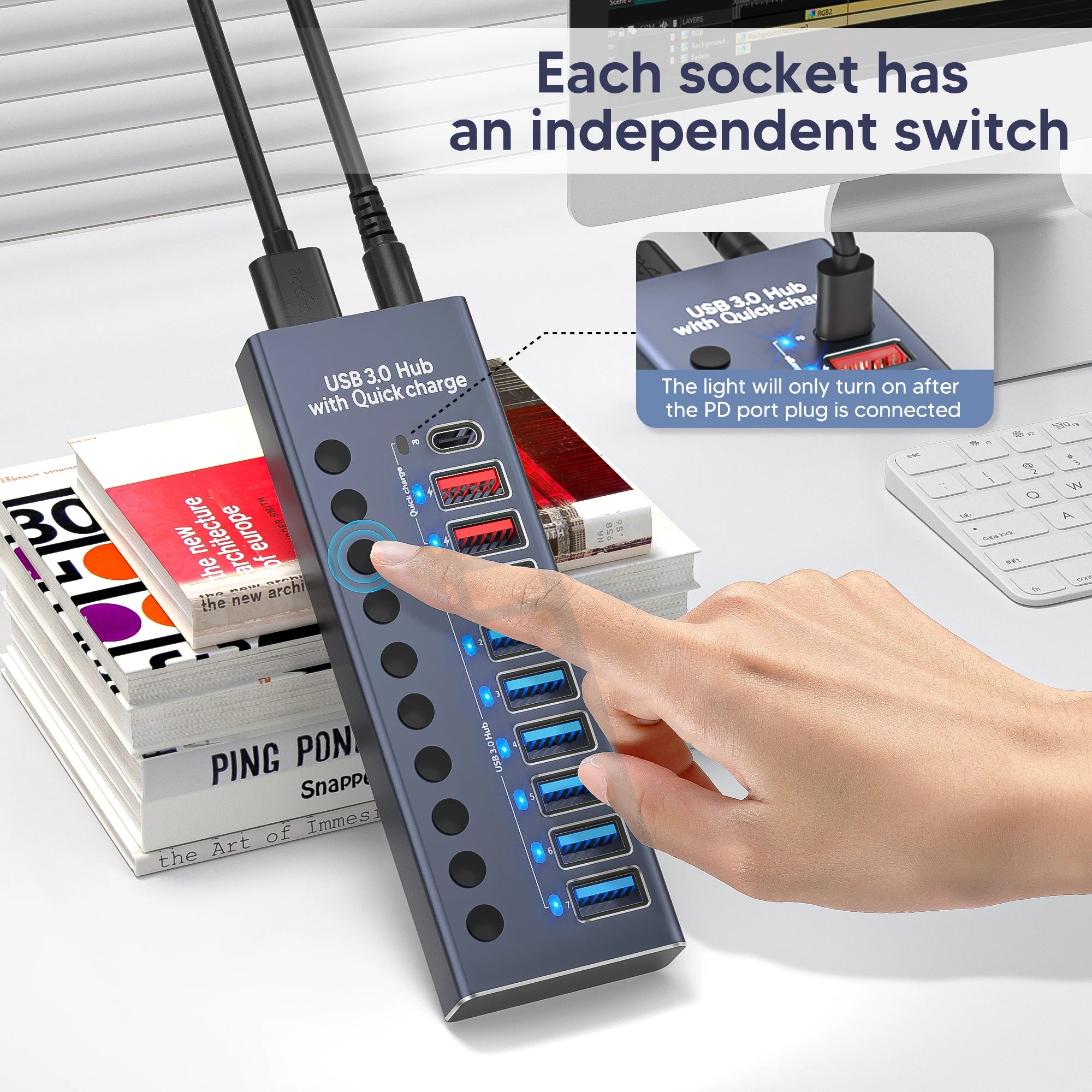 4-AIXXCO 10 Ports USB3.0 Splitter Computer Extender USB HUB 2.4A Fast Charging PD Port External 12V Power Supply