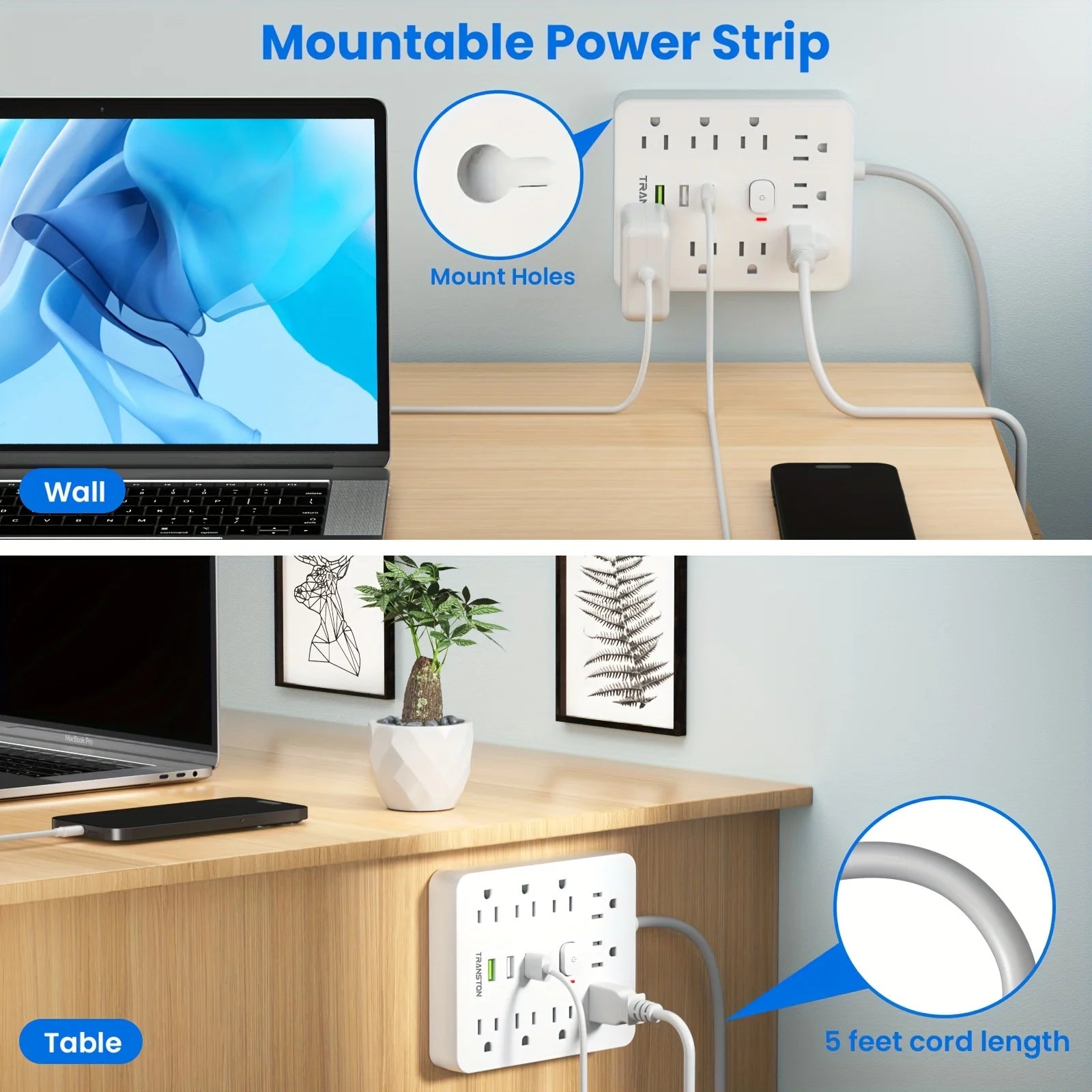 US Power Strip with AC Outlets & Fast-Charge USB-C Ports – Extension Cord (5 ft/10 ft)
