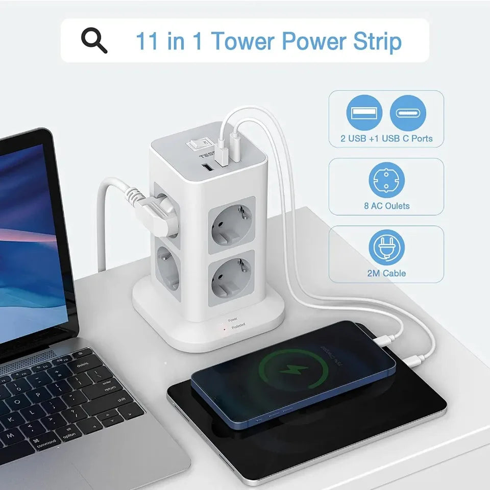 1-TESSAN Tower Power Strip Multi Outlets with USB A +1 Type C 2M Extension Cable EU Plug Vertical Electric Socket Surge Protection