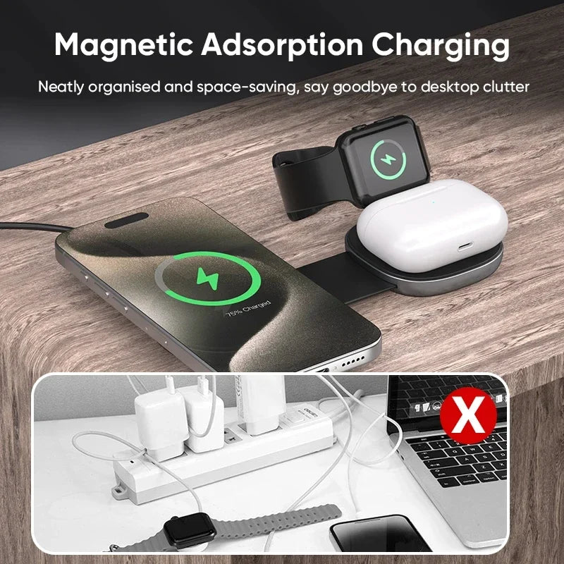 Mini Travel Charger Wireless Charging 3 in 1 Portable Foldable Fast Charger Dock for IPhone 16 15 14 AirPods Apple Watch