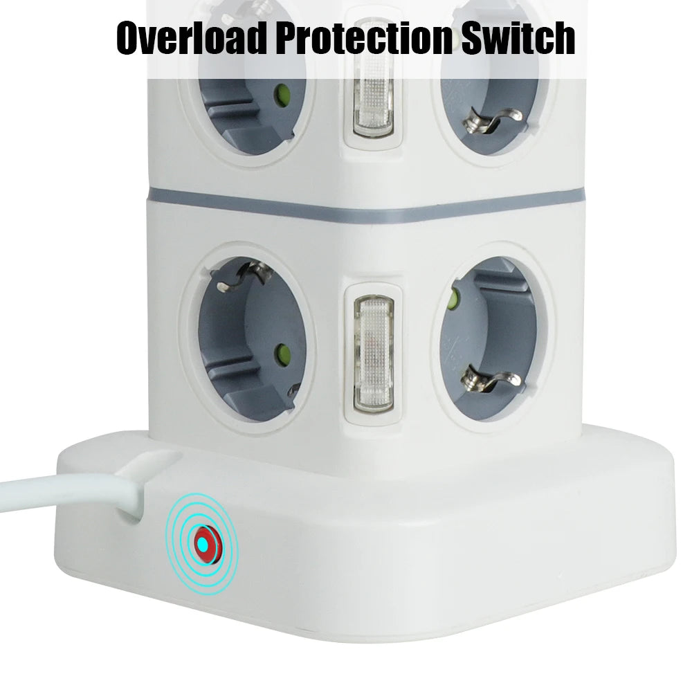 1-Tower 12 Way Outlets Socket Multi Power Strip Vertical 2.8m Extension Cord EU Plug with 4 USB Overload Protector Switch 220V 10A