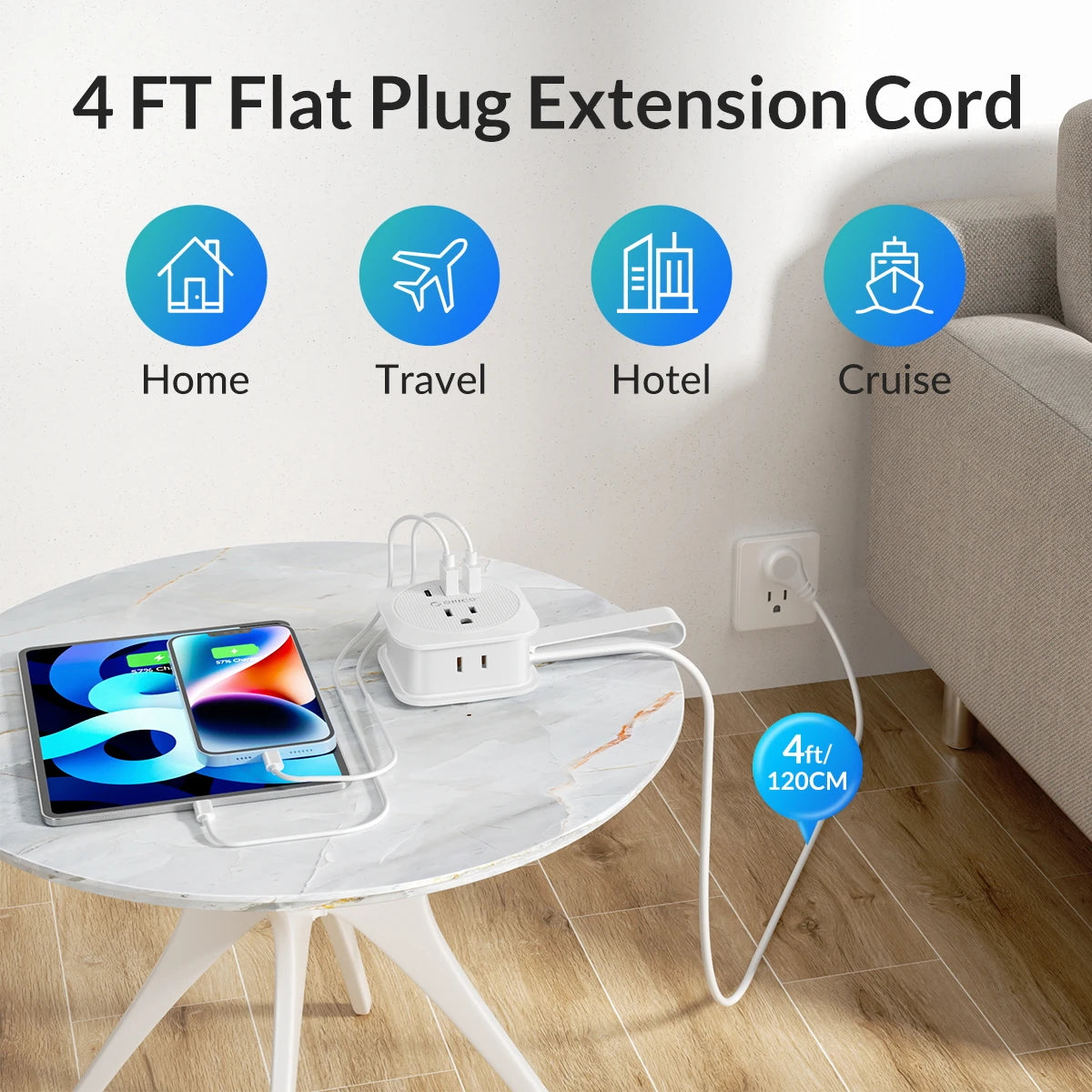 1-ORICO Power Strip 2AC multi USB Portable Socket Strip US plug Travel Extension Cord for fast charging with Type-C USB ports