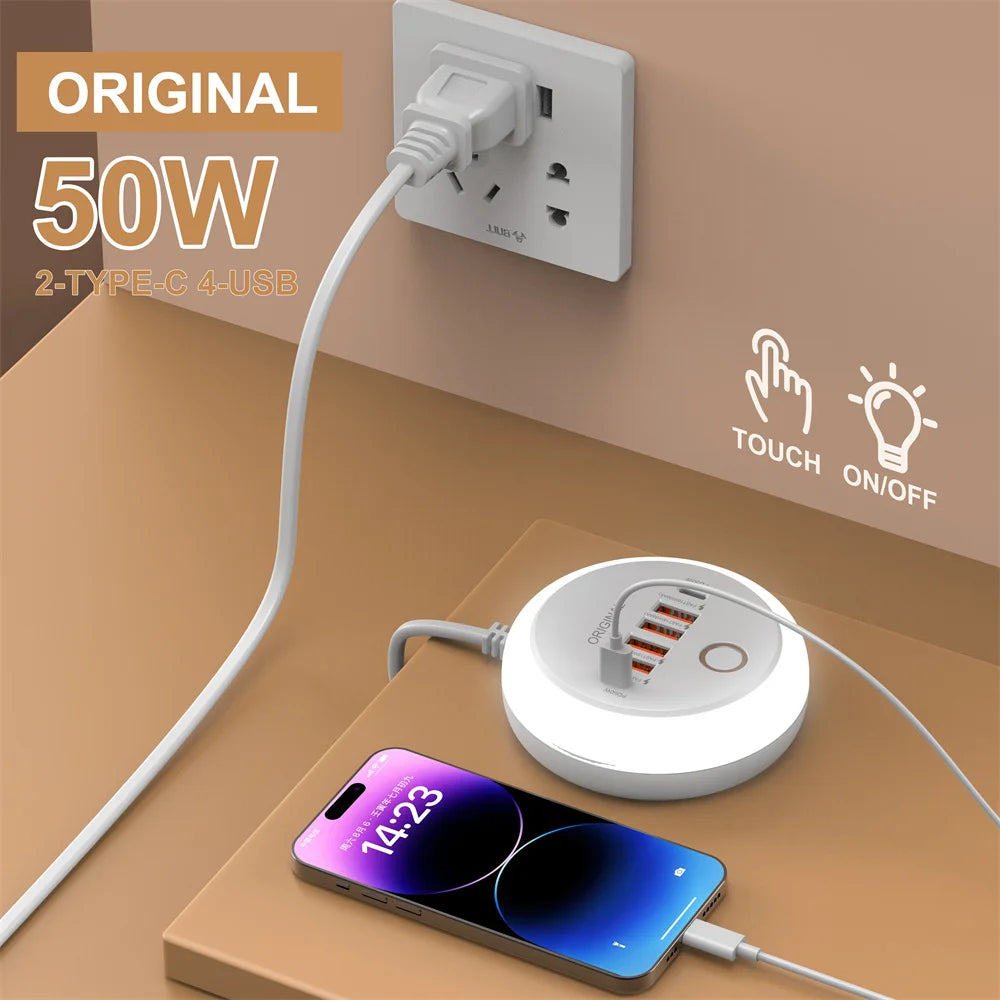 1-PD 50W Charger USB Type C 6 Ports QC3.0 Mobile Phone Wall Adapter With Touch LED Light For iPhone Samsung Xiaomi Travel Charger