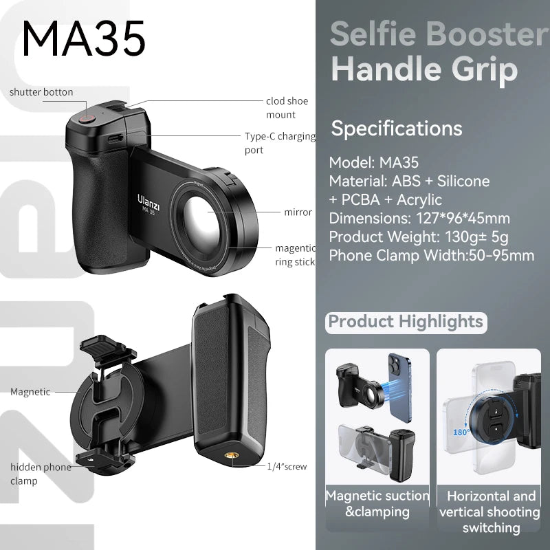 Ulanzi MA35 Selfie HandGrip Booster Bluetooth Shutter for iPhone 16 15 Android phone Photo Stabilizer Cold Shoe 1/4" Screw Mount