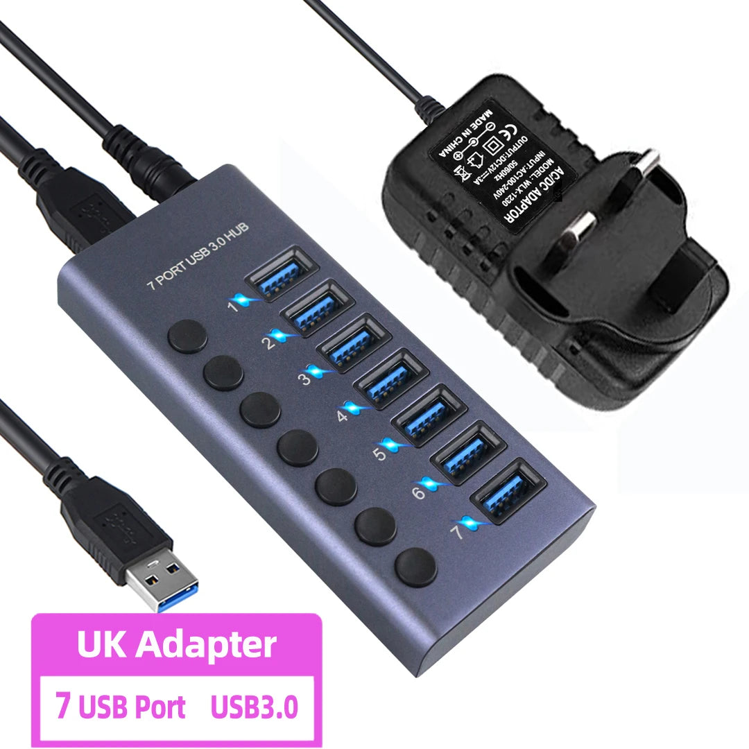 4-AIXXCO 10 Ports USB3.0 Splitter Computer Extender USB HUB 2.4A Fast Charging PD Port External 12V Power Supply