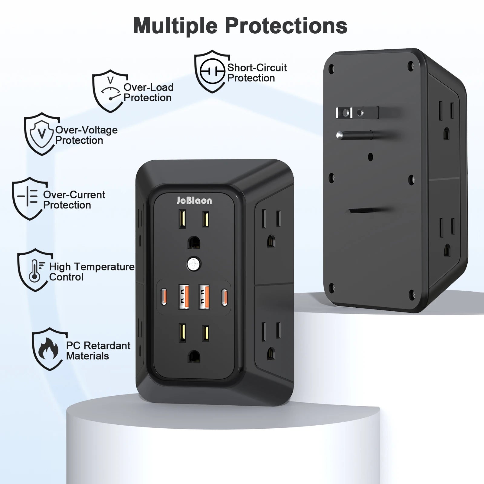 JcBlaon 6‑Outlet Wall Power Strip with USB-A & USB-C | UL Certified