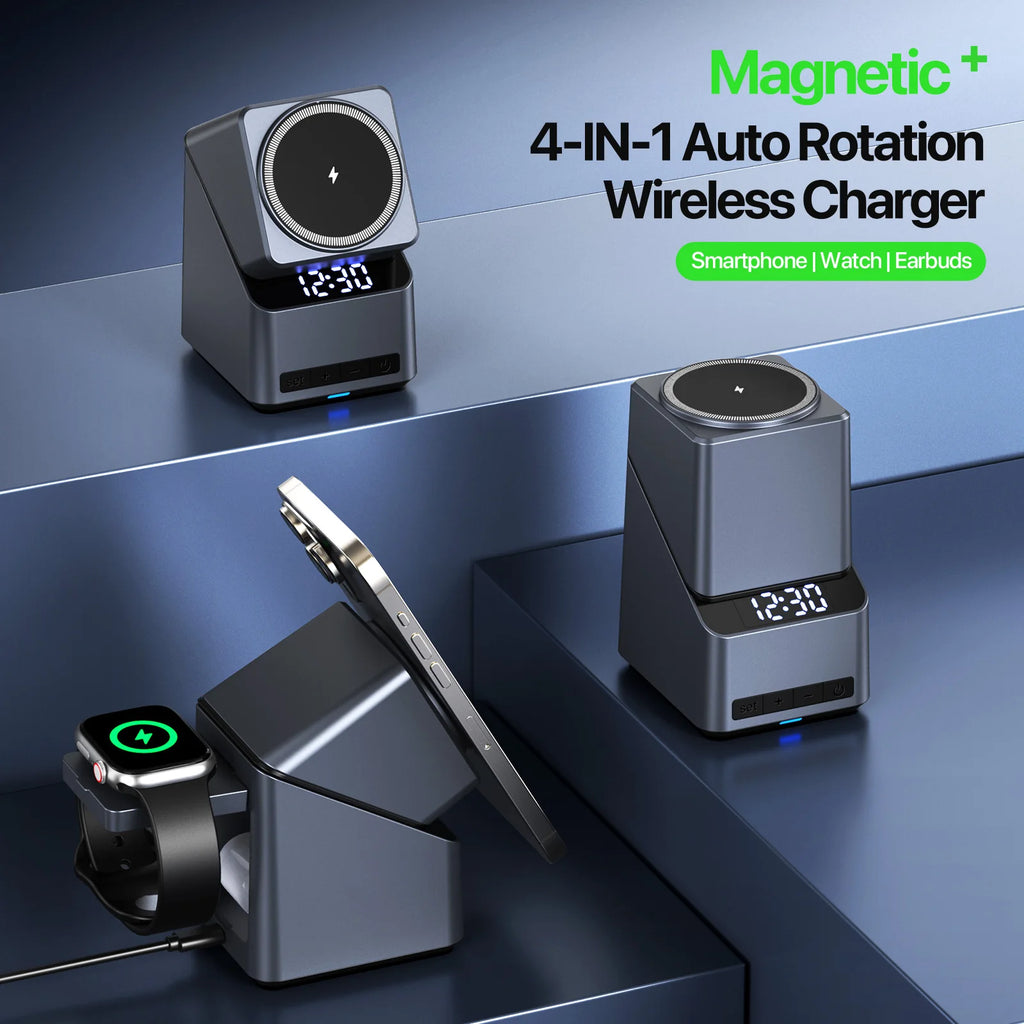 Magnetic 4 in 1 Auto Rotation Wireless Charger with Clock for Iphone 12-16 Series(15W), Apple Watch(2.5W) and Airpods (5W)