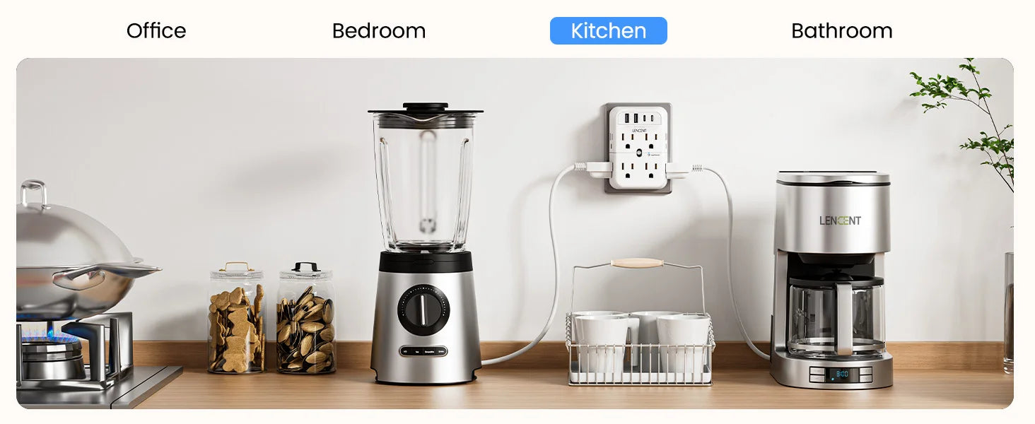 Blender, coffee maker, and other kitchen appliances on a wooden surface with labeled categories above.