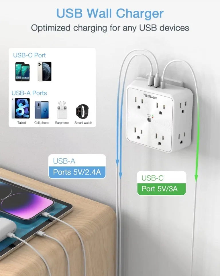 1-TESSAN Surge Protector Wall Strip with 8 AC Outlets 2 USB A and 1 USB C Surge Protector Multi Outlet Extender for Home Office