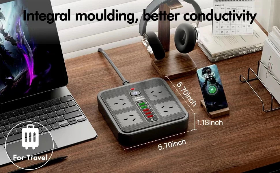 AU Plug Power Board:  AC Outlets,  USB-A,  USB-C, Overload Protection