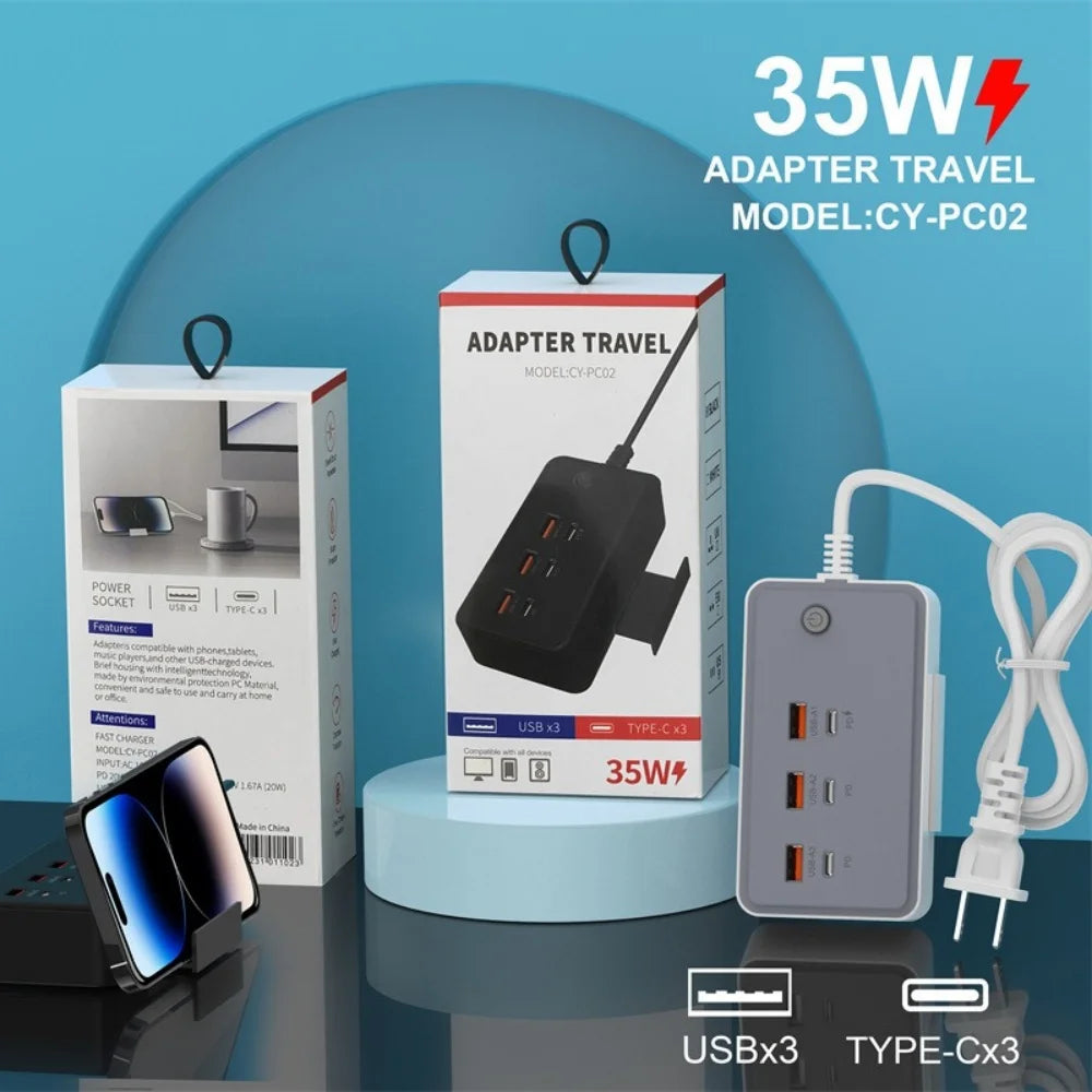 35W adapter travel with packaging and smartphone on a blue background