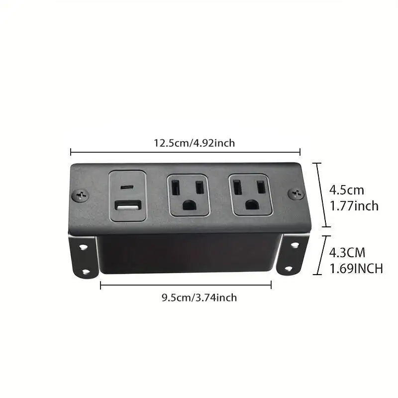 Black electrical outlet with measurements on a white background