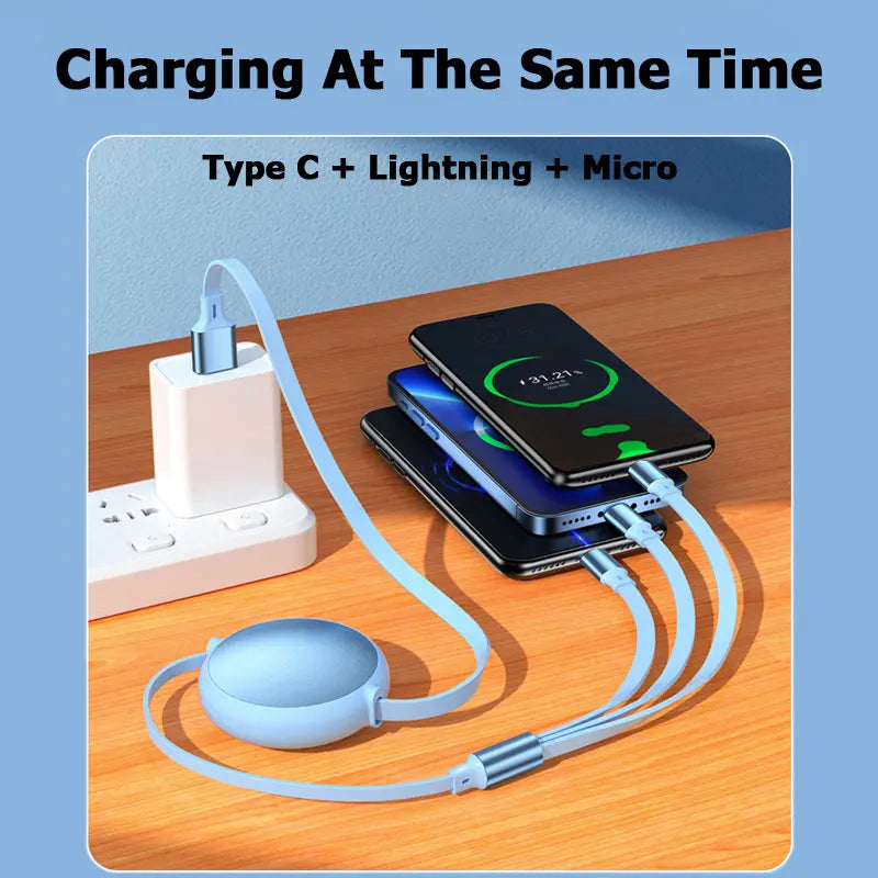 1-3-in-1 Retractable 100W 6A Fast Charging USB To Type-C Micro Fast Charger Cable For iPhone Samsung Xiaomi Huawei 1.2M Cables