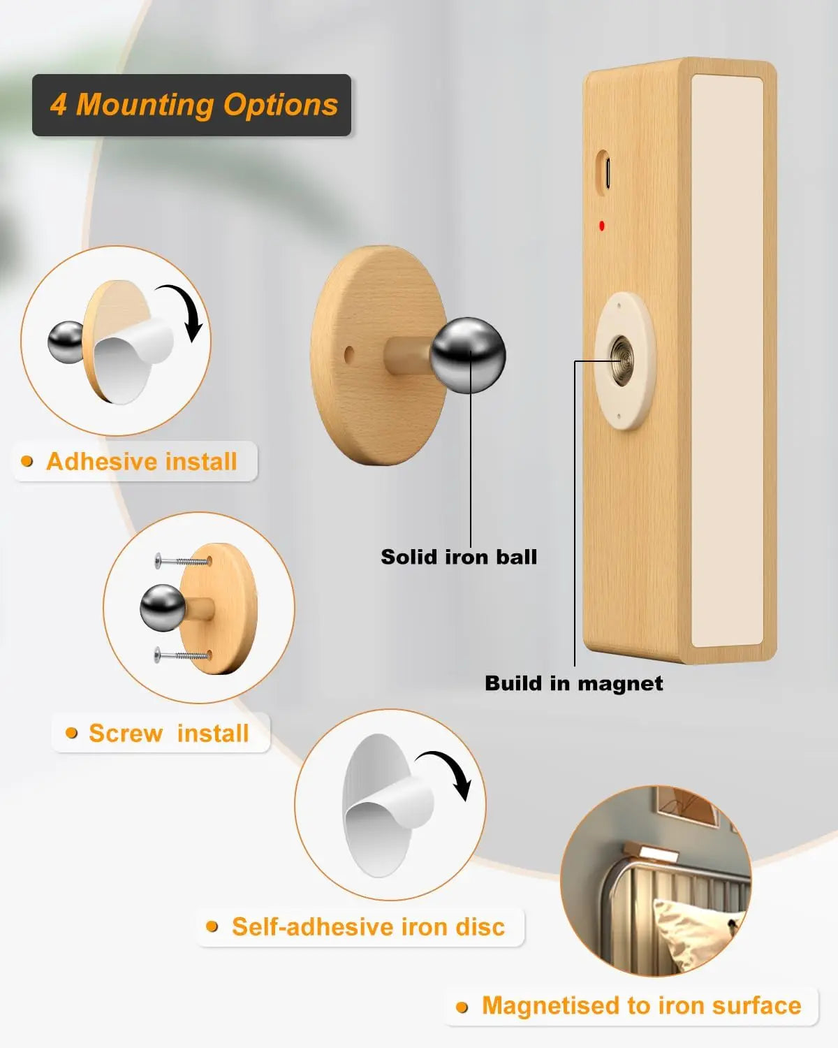 Nordic Wood Wall Lamp With 360 Rotate Dimmable Wall Sconce Touchable Magnetic For Bedroom Cordless Wall Mount Light For Reading
