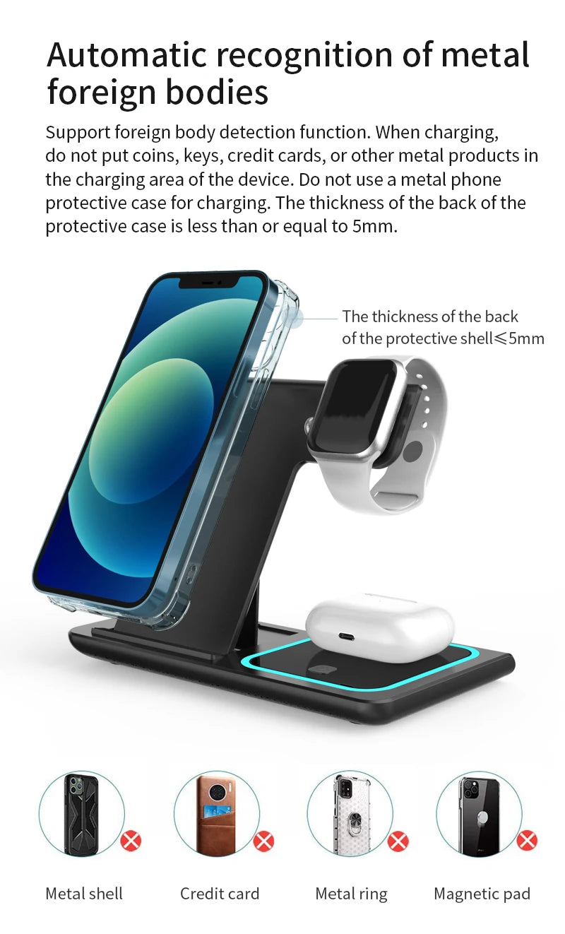 3 in 1 Wireless Charging Station Travel Charging Pad for iPhone 12~15 iWatch and Airpods  15W  Fast Charger Foldable
