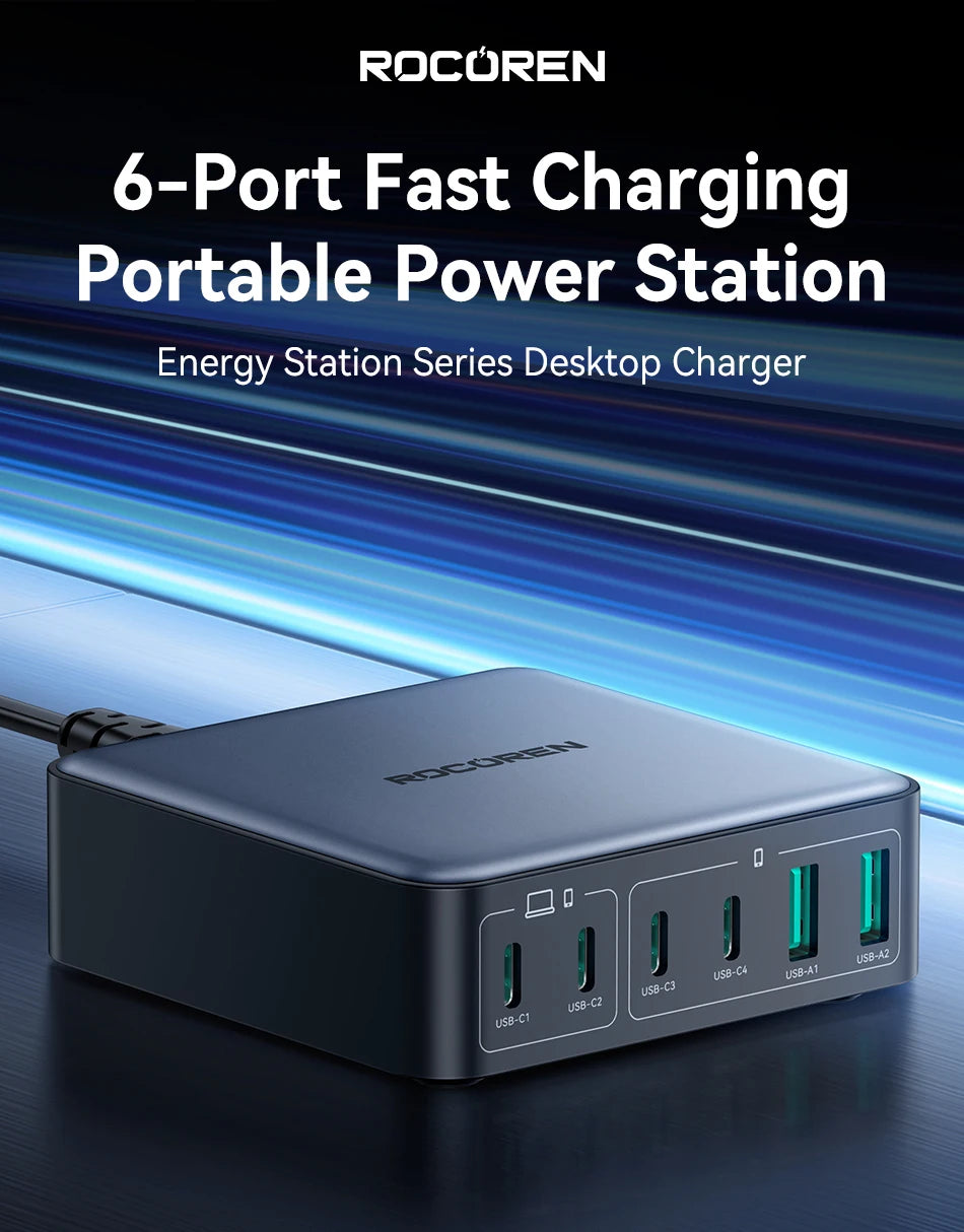 1-Rocoren 200W GaN Charger 6-ports Desktop Fast Charging USB Type C Charger Portable Power Station For iPhone 16 Pro Max Xiaomi 14