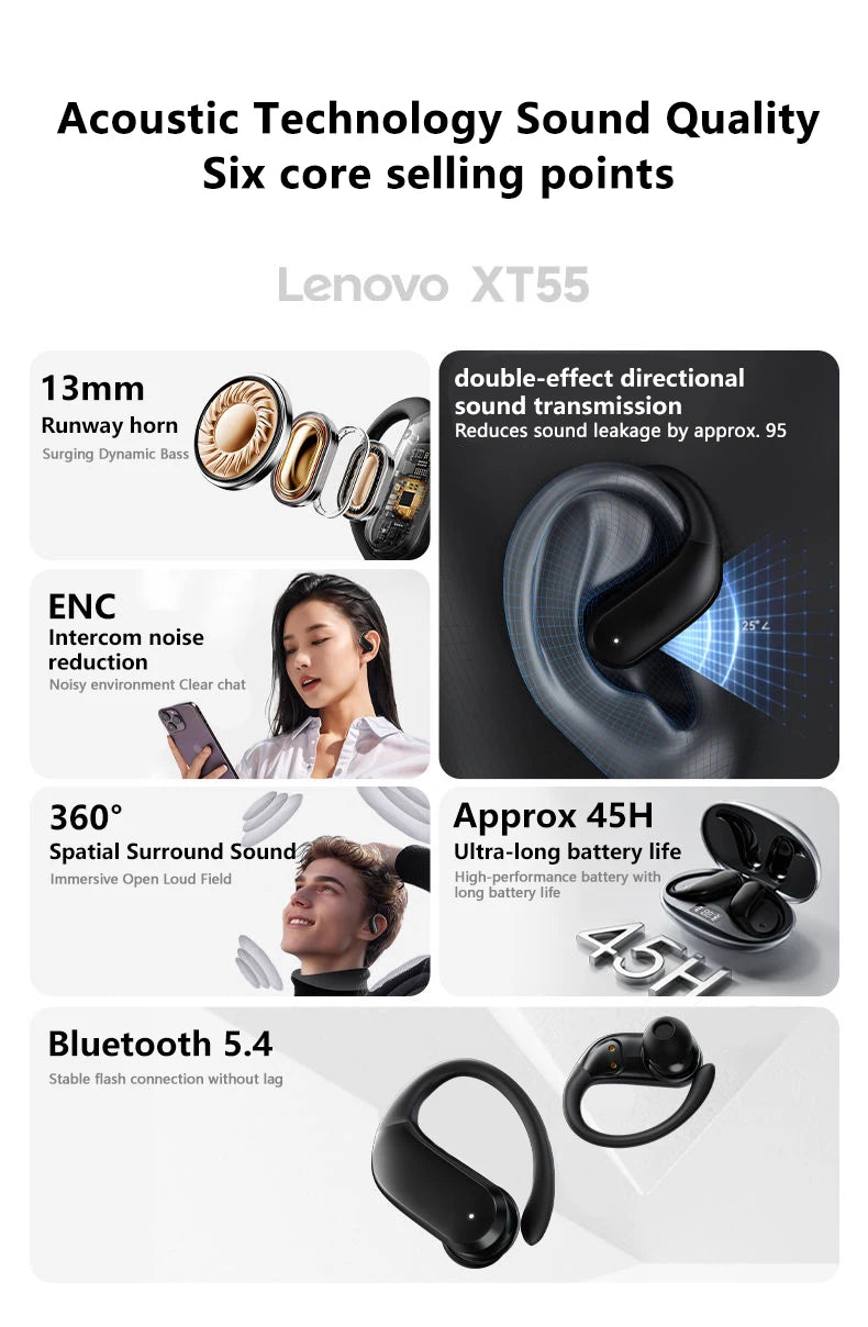 Lenovo XT55 Original Wireless Headphones OWS 5.4 Bluetooth Earphone HIFI Stereo Music Call Game Earbuds Sport Waterproof Headset
