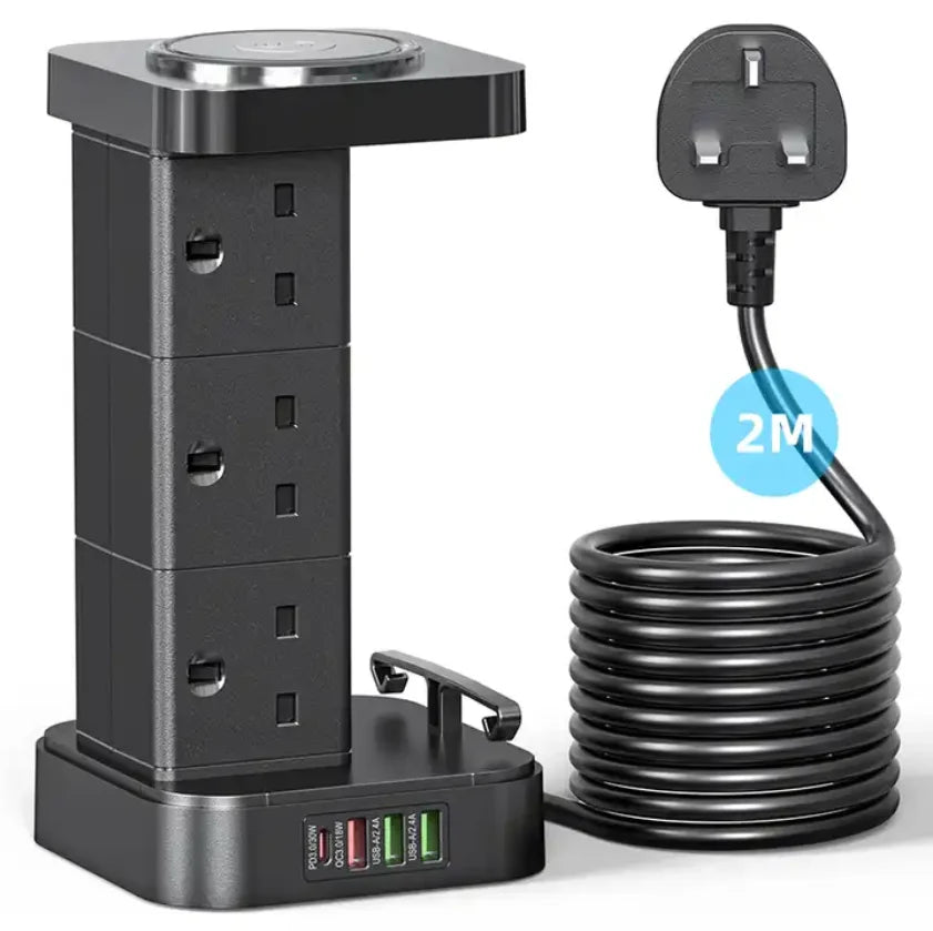 1-LDNIO Tower Power Strip with 6 Outlets +4 USB Ports + WIRELESS CHARGER 2M Power Cord, UK Plug Vertical Electric Socket for Home