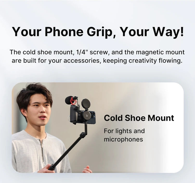 Ulanzi MA35 Selfie HandGrip Booster Bluetooth Shutter for iPhone 16 15 Android phone Photo Stabilizer Cold Shoe 1/4" Screw Mount